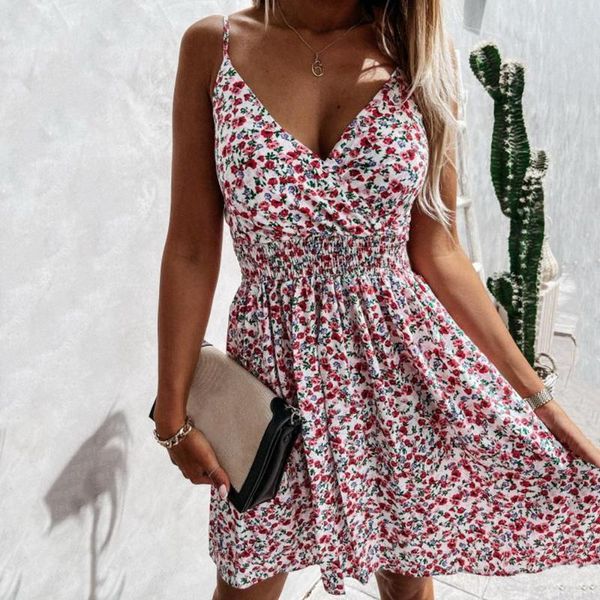 

women's swimwear women retro floral prints elastic waist mini dress deep v neck sleeveless sling summer backless lady dresses vestidos, White;black