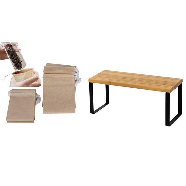 

coffee filters 600pcs disposable tea filter bags & 1pcs kitchen bamboo cabinet counter shelf 14.2 l x 5.7 w 6.1 h inch