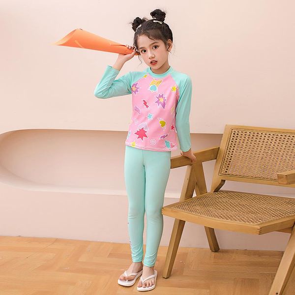 

one-piece suits 2021 summer sweet pink children swimsuit uv protection long sleeve girls swimwear trousers wetsuit two piece set quick dry