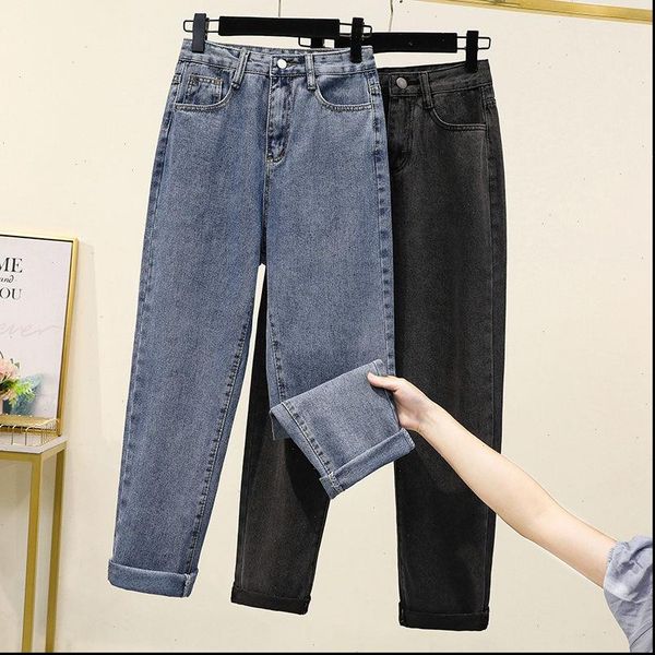 

winter thick fleece warm loose mom harem pants jeans women high waist casual streetwear female blue denim pants plus size 2xl