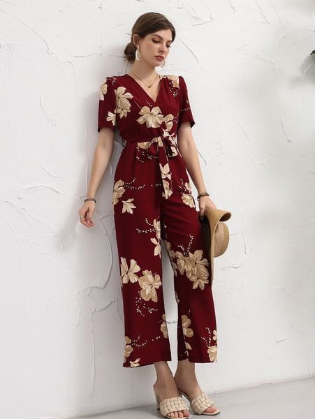 

surplice front floral belted jumpsuit 87eq#, White