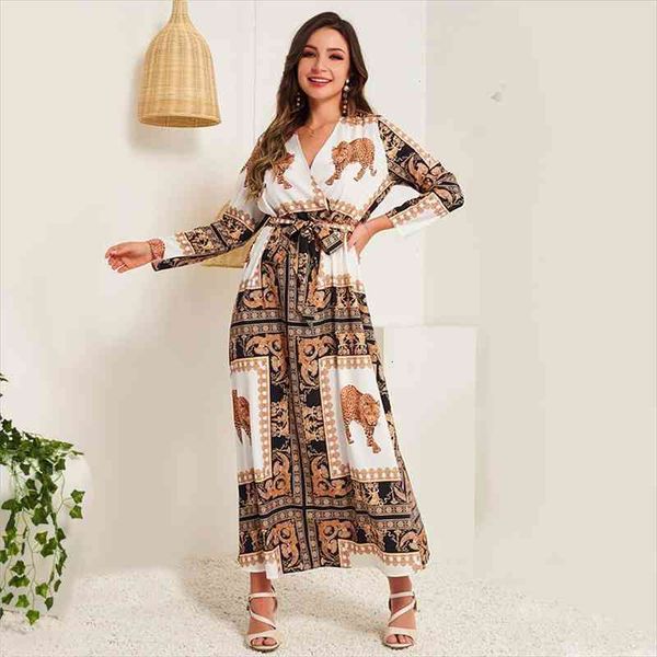 

products ladies fashion v-neck long sleeve slim animal retro printed belt long ladies style a-line dress, Black;gray