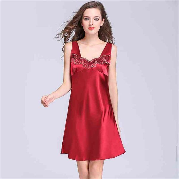 

silk summer nightdress womens sleepwears fashion v neck lace sleeveless loose large size ladies homewear vestidos mujer, Black;red