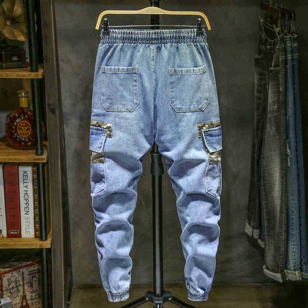 

men's jeans jeans camouflage patchwork elastic waist hip-hop streetwear men multi-pocket cotton joggers denim trousers cdoj, Blue