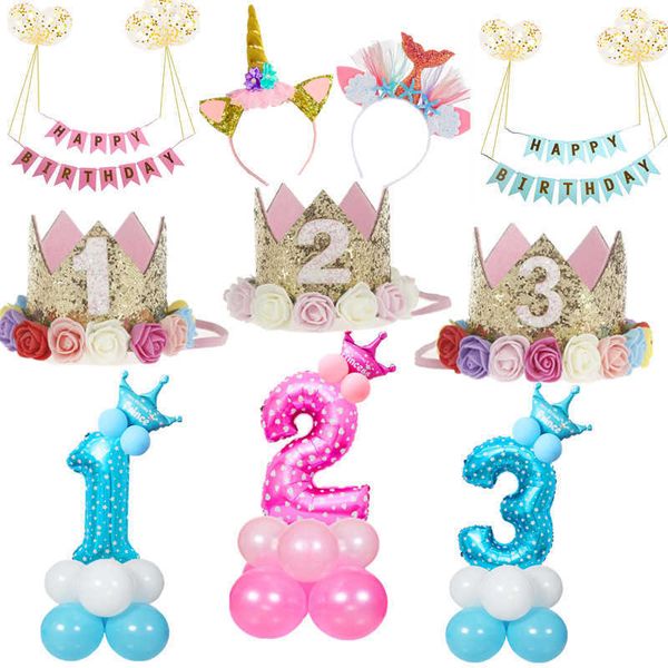 

walmd 1pcs 1 2 3 caps flower crown 1st hat newborn baby headband 1 year birthday party decorations