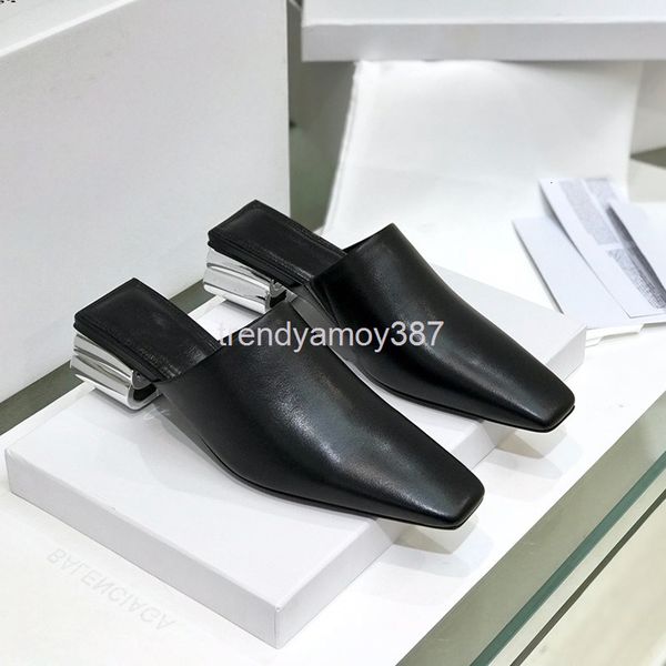 

slippers women wear fashion outside spring and summer net red simple baotou half drag square head thick heel muller shoes, Black