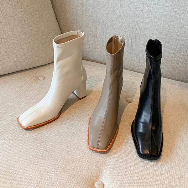 

boots comfortable elastic plutonium leather women's high-heeled shoes short boots zipper square toe star movie craft lady ankle gthp, Black