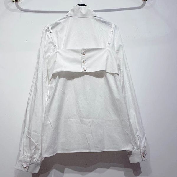 

women two piece set lapel collar lantern sleeve blouse spaghetti strap patchwork bow vest vintage suits female tide, White