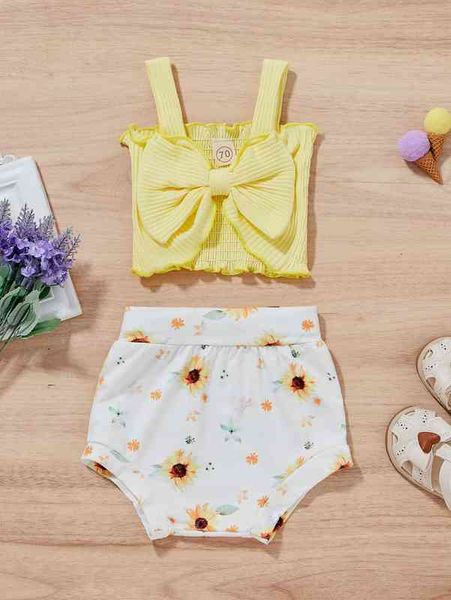 

baby girl big bow cami & cartoon shorts she, White