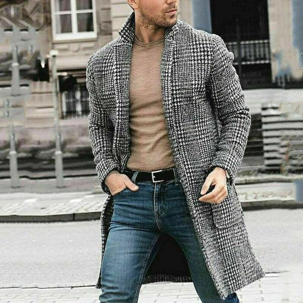 

men's wool & blends mens woolen coats autumn winter padded jackets slim fit plaid lapel long sleeve outerwear england style men, Black