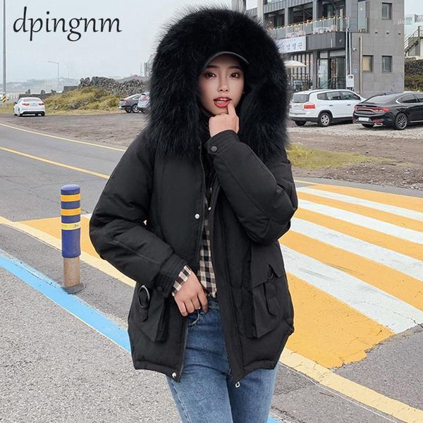 

women's down & parkas fashion winter jacket women big fur belt hooded thick female coat slim warm outwear 2021 1, Black