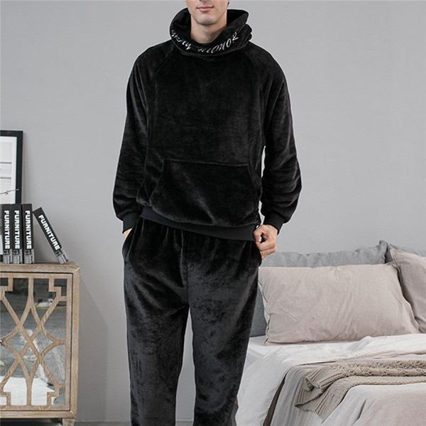 

men's sleepwear 2021 pajama sets winter long sleeve thick warm flannel hooded suit for men coral velvet lounge homewear home clothes, Black;brown