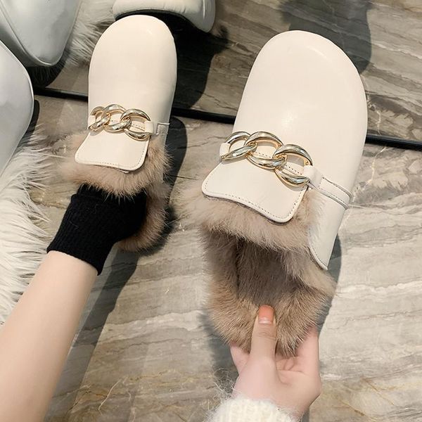 

slippers female shoes casual winter footwear low fur flip flops platform mules for women 2021 slides cover toe loafers luxur, Black