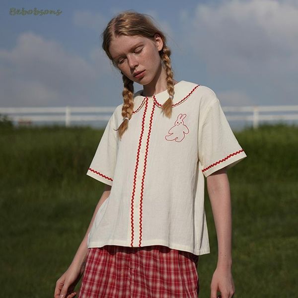

womens shirt vintage cotton white sweet lace embroidery women summer blouse peter pan collar casual loose