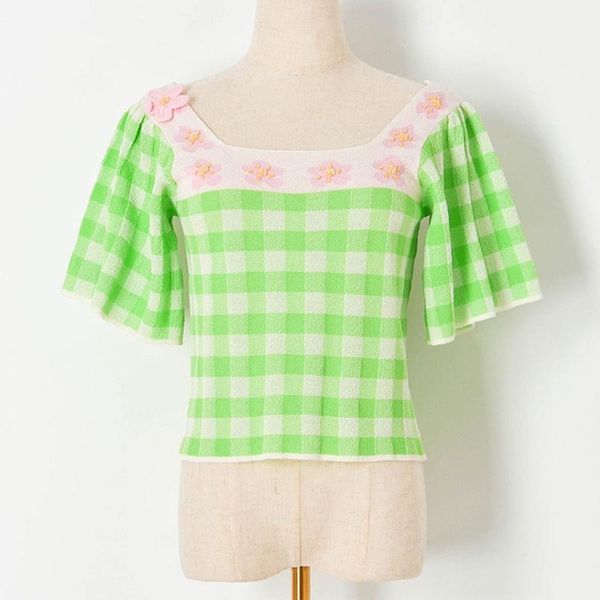 

women's t-shirt 2021 women t-shirts summer fashion tees green plaid knit crop square collar floral beading casual harajuku korean clot, White