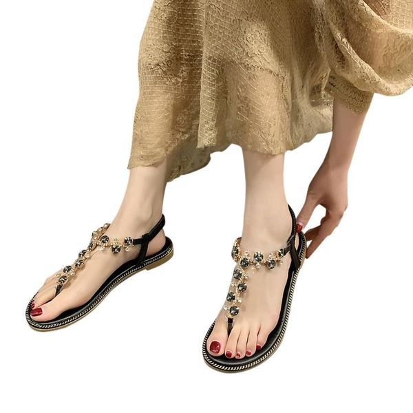 

women thong sandals lady 2021 summer news t-type open toe rhinestone flat shoes bottom roman sandals ssalto medio#, Black