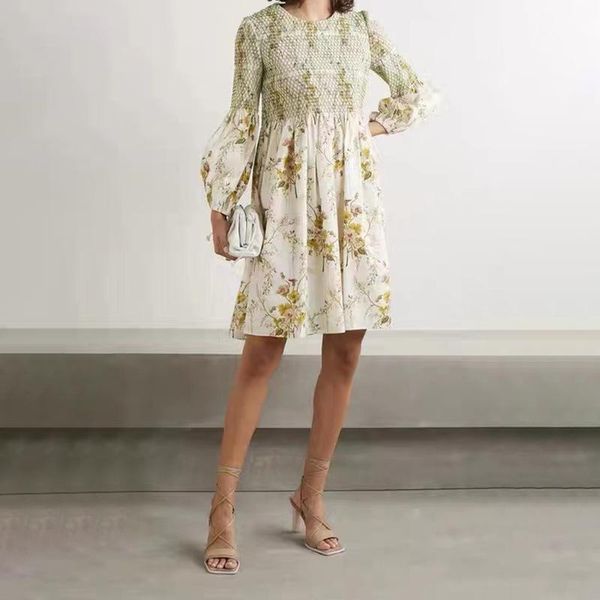 

casual dresses sweet a-line mid-dress 2021 summer style lantern sleeve high waist printed round neck dress women, Black;gray