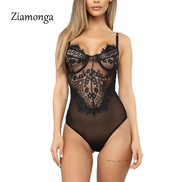 

women's jumpsuits & rompers ziamonga black white pink sleeveless lace bodysuit women v neck hollow out bodysuits feminine transparent b