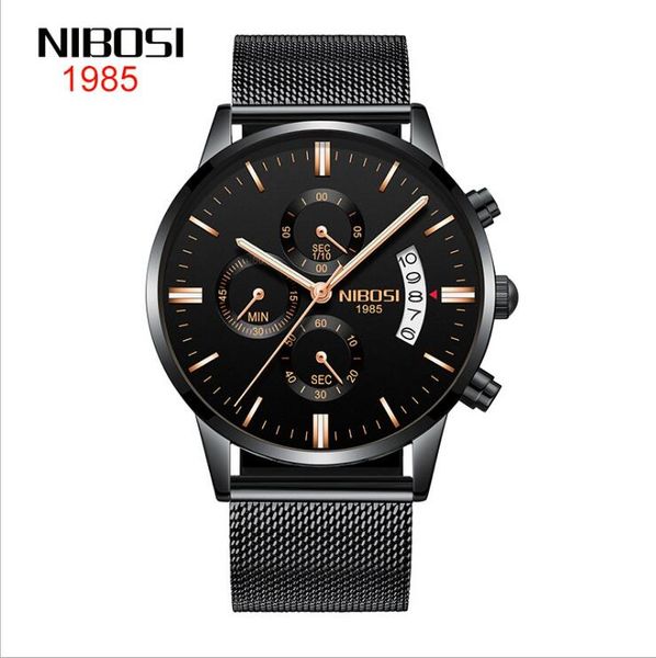 

18 style nibosi button solid steel band men's black dail black shell watch waterproof coated glass luminous three-eye quartz watch, Slivery;brown