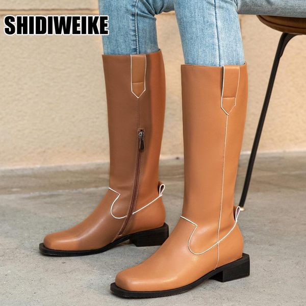 

boots 2021 winter leather women knee high motorcycle square toe zip footwear low heels female riding boot woman long, Black