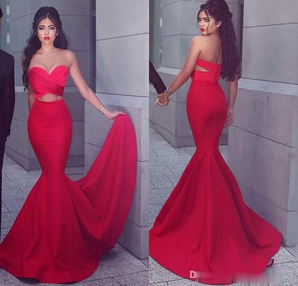 2021 Красные вечерние платья Red Mermaid Satin Cutaway талия развеселите поезда крытые кнопки назад пользовательские запрашивающиеся выпускной платье знаменитость вечеринка носить Vestidos