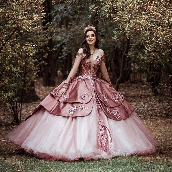 

2021 dusty pink quinceanera dresses elegant off the shoulder long sleeves tulle sparkly sequins applique tiered sweet 16 birthday party gown, Blue;red
