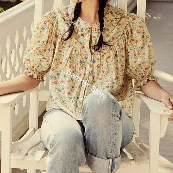 

2021 new blusa de meia feminina peter pan collar manga flroral impresso nico breasted babados vintage primavera vero camisa d837, Black