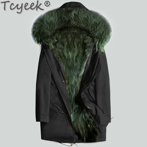 

men's leather & faux tcyeekreal fur coat men winter jacket natural raccoon coats hooded warm long jackets plus size male parkas lsy0803, Black