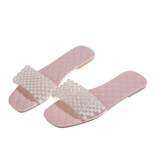 

slippers vmti 2021 summer beaded flat-bottomed women's casual wear one-word sandals and, Black