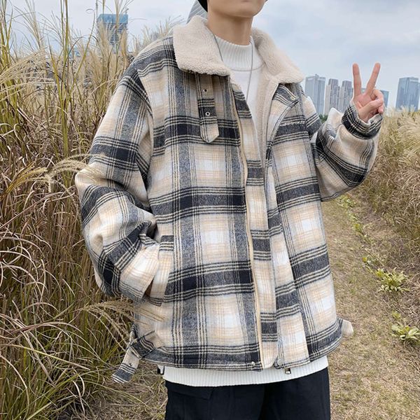 

2020 winter cashmere thickened lamb wool plaid padded men's trend lovers' woolen jacket tide brand cotton clothes, Black;brown