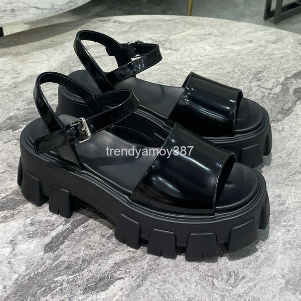 

sandals summer patent leather thick soled muffin shoes sandals female open toe temperament fairy essential fashion high-heeled roman, Black