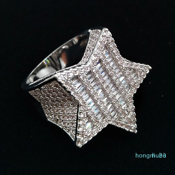 

18k gold & white gold mens new bling cubic zirconia pentagram hip hop ring guys full diamond iced out rapper jewelry gifts for boyfriend, Silver