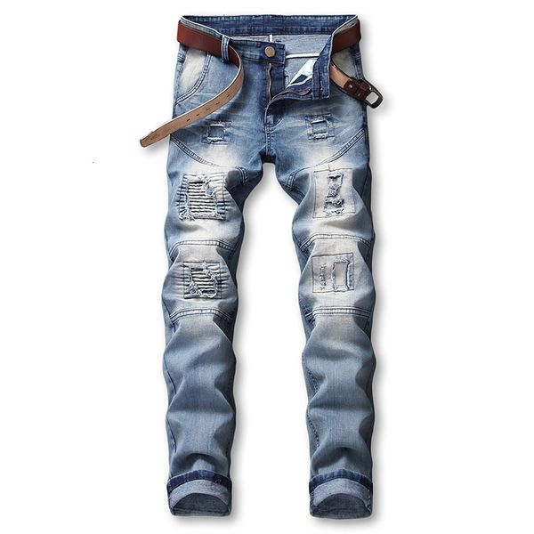 

2021-young men hole patches move retro nostalgia floating elastic straight jeans, Blue