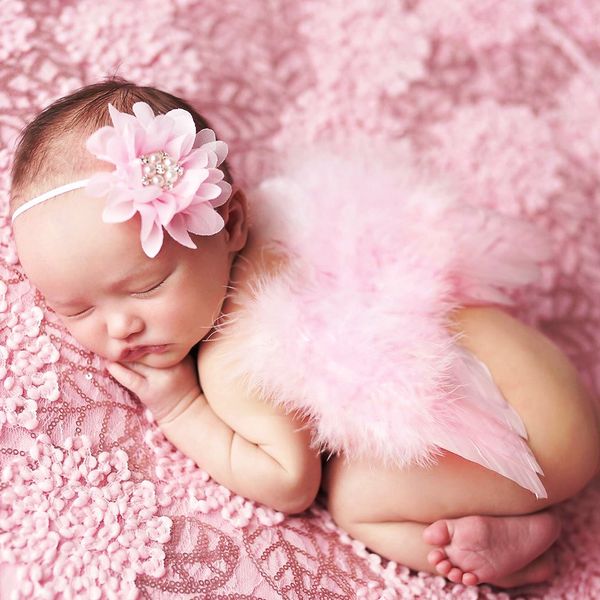 Baby Angel Wing + Chiffon Lace Elastic Flor Headband Fotografia Props Conjunto Recém-nascido Pretty Pink White Pena Traje Foto Headbands Baw01