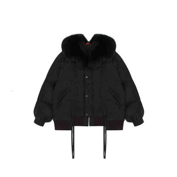 

korean version temperament white duck down cotton cloth imitation fox hair big collar short winter bread, Black