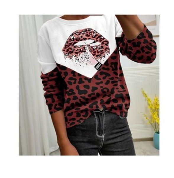 

women leopard long sleeve sweatshirts fashion trend round neck lips hooded pullover designer female loose casual plus size sweatshirt, Black