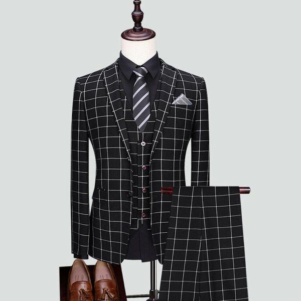 

men's suits & blazers spring /autumn business mens black white plaid check 3 pieces groomsman blazer formal wedding tuxedos trajes de h, White;black
