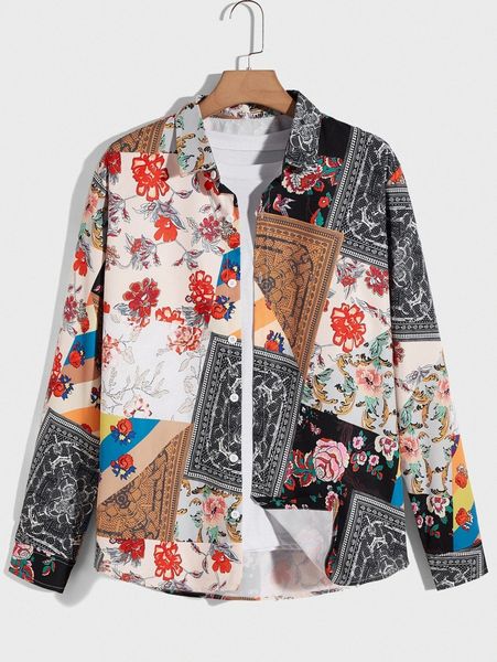 

romwe guys patchwork button front shirt without tee e7sg#, White;black