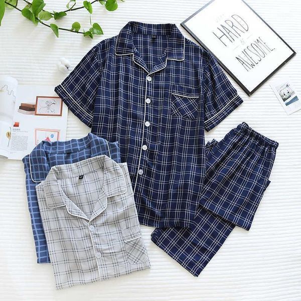 

men's sleepwear 2021 short-sleeved trousers pajamas two-piece viscose spring and summer thin plaid large size home service cover, Black;brown