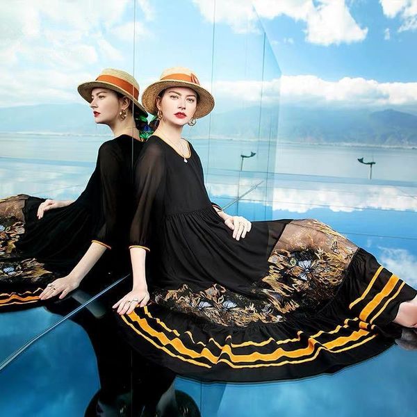 

casual dresses 2021 female summer dress floral printed plus size for women three quarter sleeve midi beach elegant vestidos y29, Black;gray