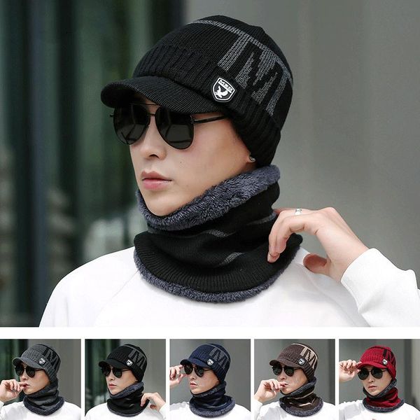 

beanies coral fleece winter men's cap scarf warm breathable wool plus velvet thickening men fashion knitted hats