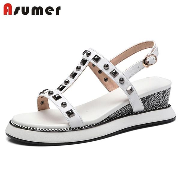 

dress shoes asumer 2021 fashion rivet sandals women wedges genuine leather buckle strap summer ladies casuals, Black