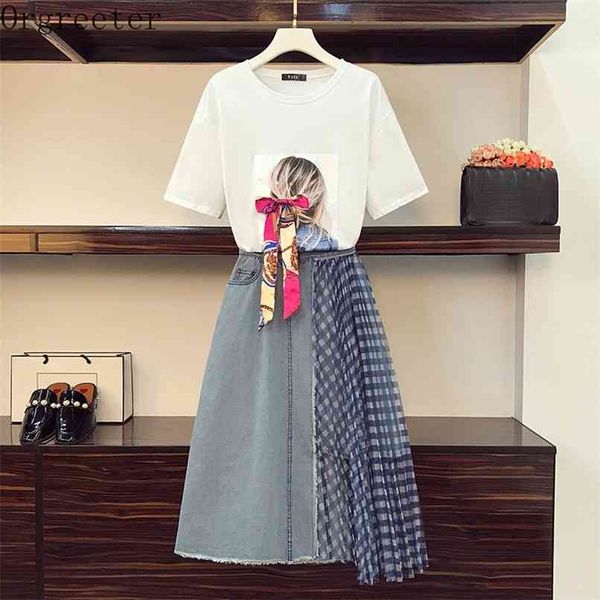 

plus size women's clothing summer character appliques bowknot tshirt + plaid mesh patchwork denim skirt 2 piece set female 210602, Black;white