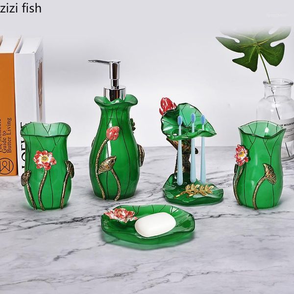 Acessório de banho Conjunto de banho Green Lotus Folhas de banheiro em relevo Acessórios de banheiro portátil Dispensador de dentes de dentes de escova de dentes pratos de copo de copo de suprimentos