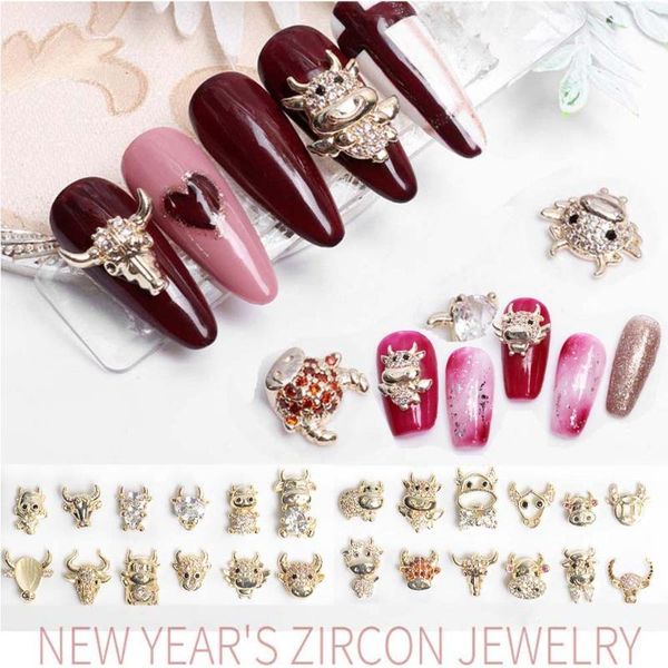 

nail art decorations 2021 year 3d cow rhinestones chinese knot zodiac cattle crystal nails luxury charms accessories, Silver;gold