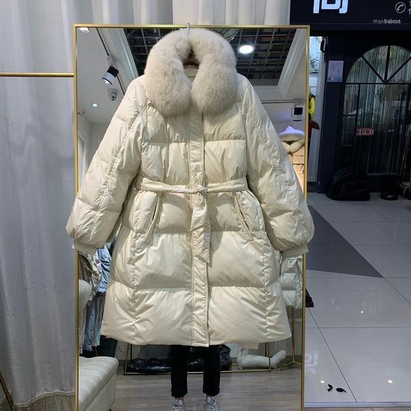 

women's down & parkas winter jacket thick womenswear real fur collar coat long waist belt female coats mujer chaqueta lxr1841, Black