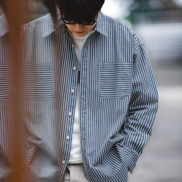 

men's casual shirts retro oversize striped men vintage blue white spring profile cityboy jacket shirt male tide, White;black