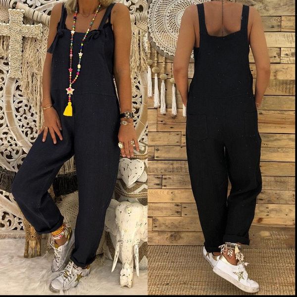 

women ladies fashion casual loose linen cotton jumpsuit dungarees playsuit trousers overalls black gray khaki drop shipping, Black;white