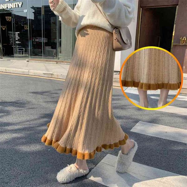 

autumn& winter korean elastic high waist slimming casual simple wild women knitted a-line long skirt 210527, Black
