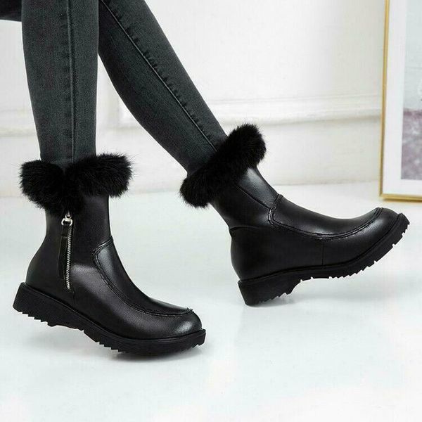 

boots womens trendy winter round toe fur trim zipper thick heels ankle, Black
